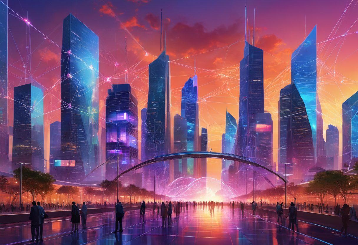 A futuristic city skyline dominated by interconnected web-like structures, symbolizing a decentralized network, with diverse individuals using various online services in a harmonious environment. Soft glowing lights and vibrant holographic displays illustrate innovation and collaboration. A vivid sunset casts a dynamic backdrop, reflecting the metamorphosis of digital interactions. digital painting. vibrant colors. high detail.