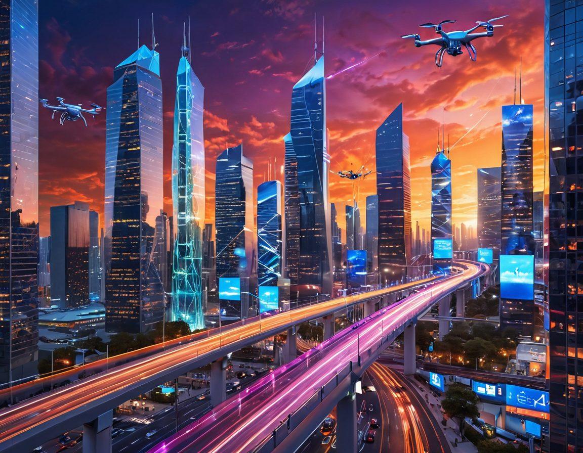 A futuristic cityscape depicting advanced internet infrastructure with glowing fiber optic cables crisscrossing tall skyscrapers, drones soaring through the sky, and interactive digital billboards showcasing innovative technologies. The scene features diverse people using devices connected to this infrastructure, with a vibrant sunset in the background symbolizing a bright digital future. super-realistic. vibrant colors. 3D.