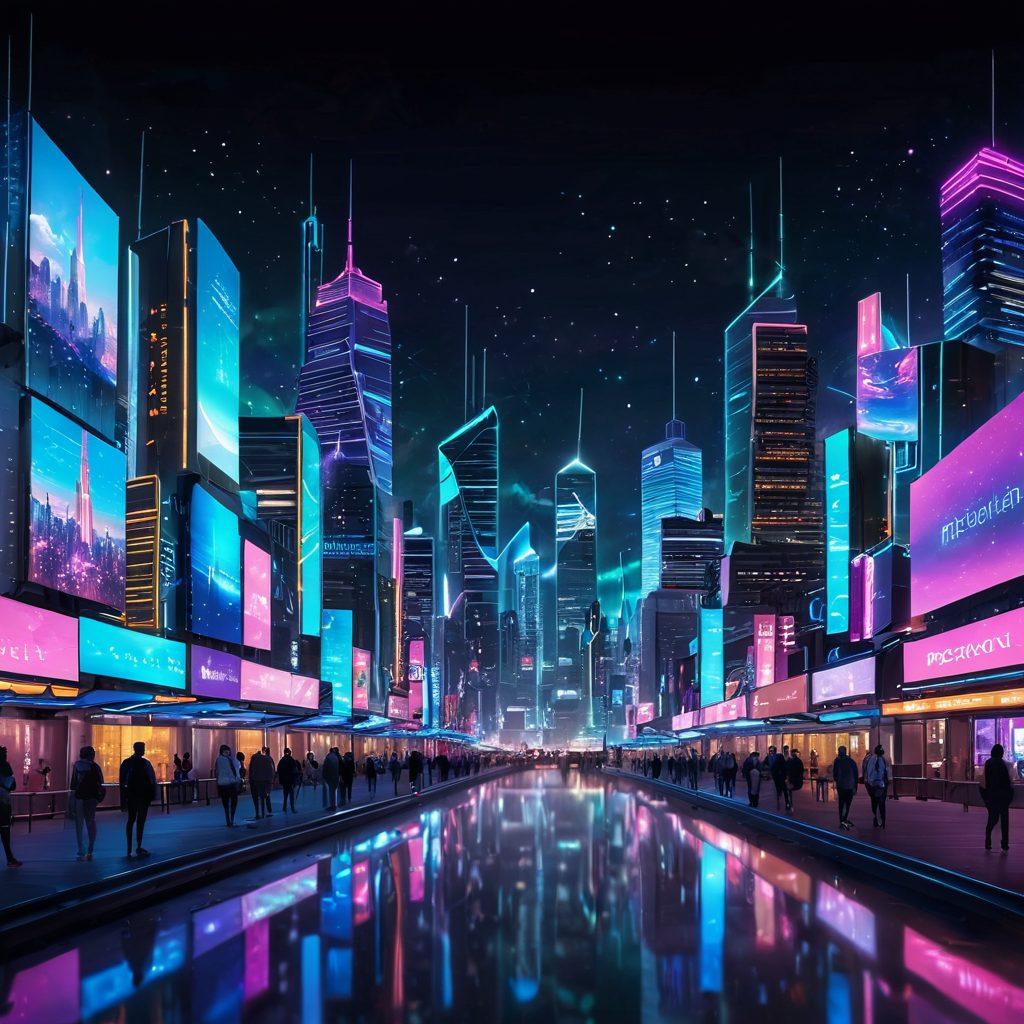 A futuristic city skyline illuminated by neon lights, with digital billboards showcasing Web 3.0 innovations. People interacting with holographic displays and virtual reality elements, symbolizing the transformation of online services. The sky is vibrant with stars and constellations, representing limitless possibilities. Include elements like blockchain motifs and AI icons integrated into the architecture. cyberpunk. vibrant colors. 3D.